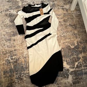 White and black tight long sleeve dress